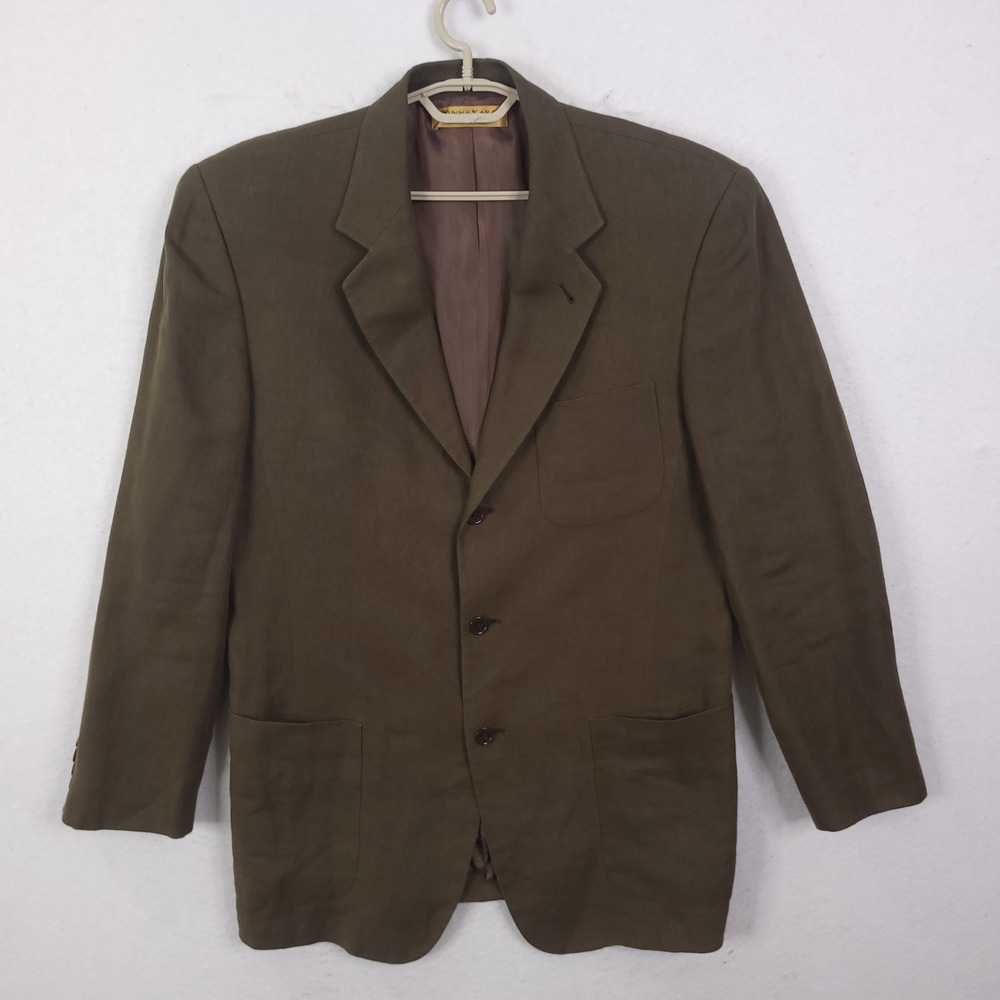 Donna Karan Signature Blazer Jacket Olive 42 Green 100% Linen Luxury Italy